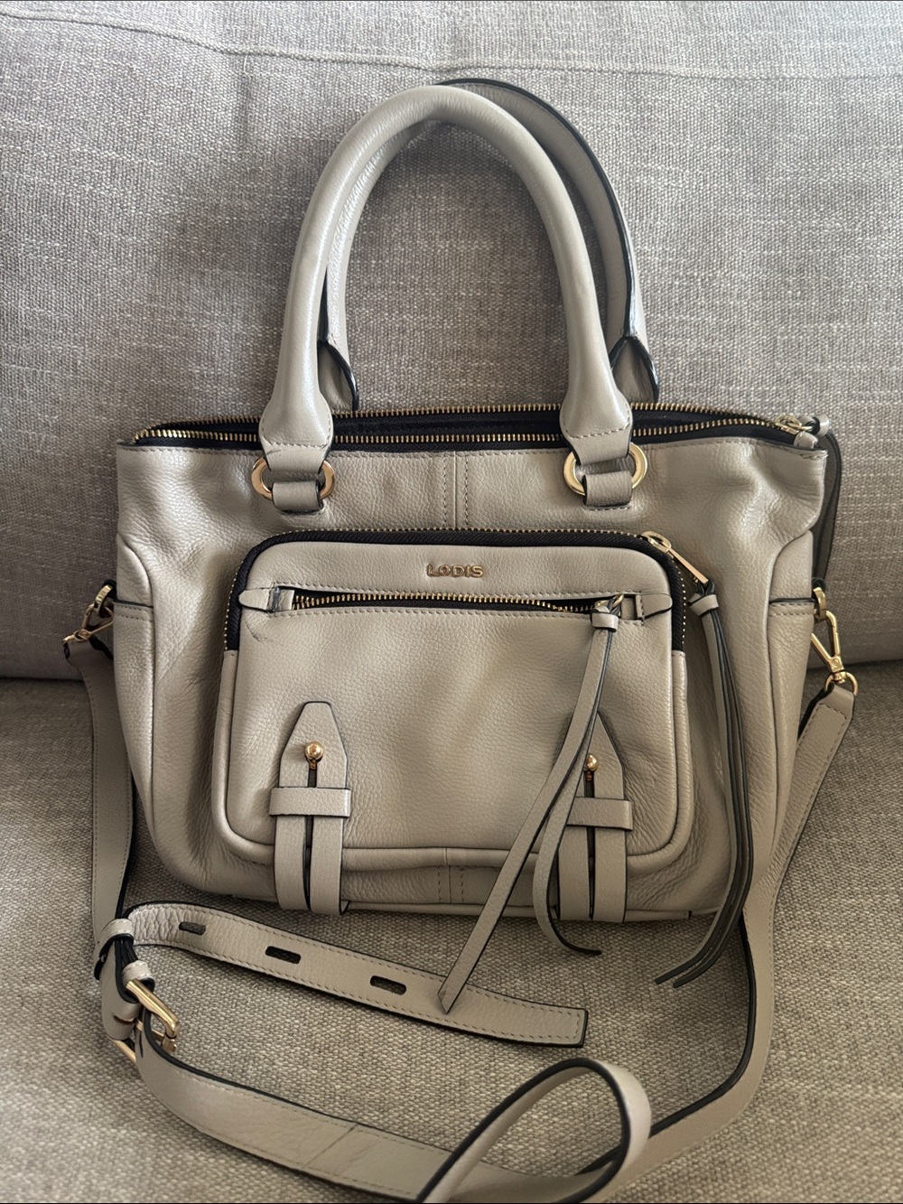 Lodis Pebbled Leather Shoulder Bag in Light Gray with Gold Hardware